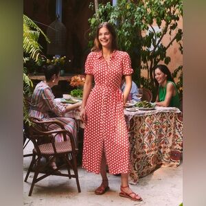 Libby Jersey Short Sleeve Midi Shirt Dress Flame Scarlet Honeycomb Geo US 10